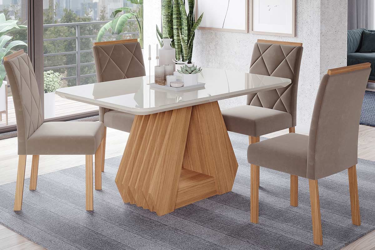 Sala Jantar Mesa Ágata Tampo Madeirado c/ Vidro 130x80cm e 4 Cadeiras Fernanda - Cimol