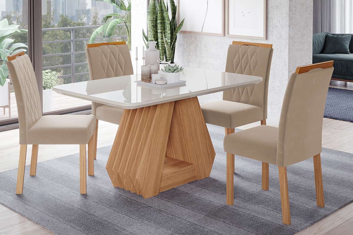 Sala Jantar Mesa Ágata Tampo Madeirado c/ Vidro 130x80cm e 4 Cadeiras Juliana - Cimol