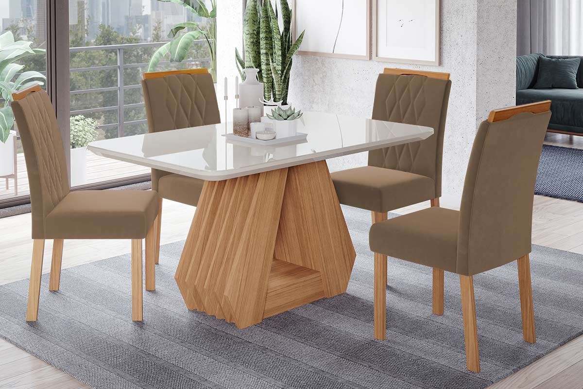Sala Jantar Mesa Ágata Tampo Madeirado c/ Vidro 130x80cm e 4 Cadeiras Juliana - Cimol