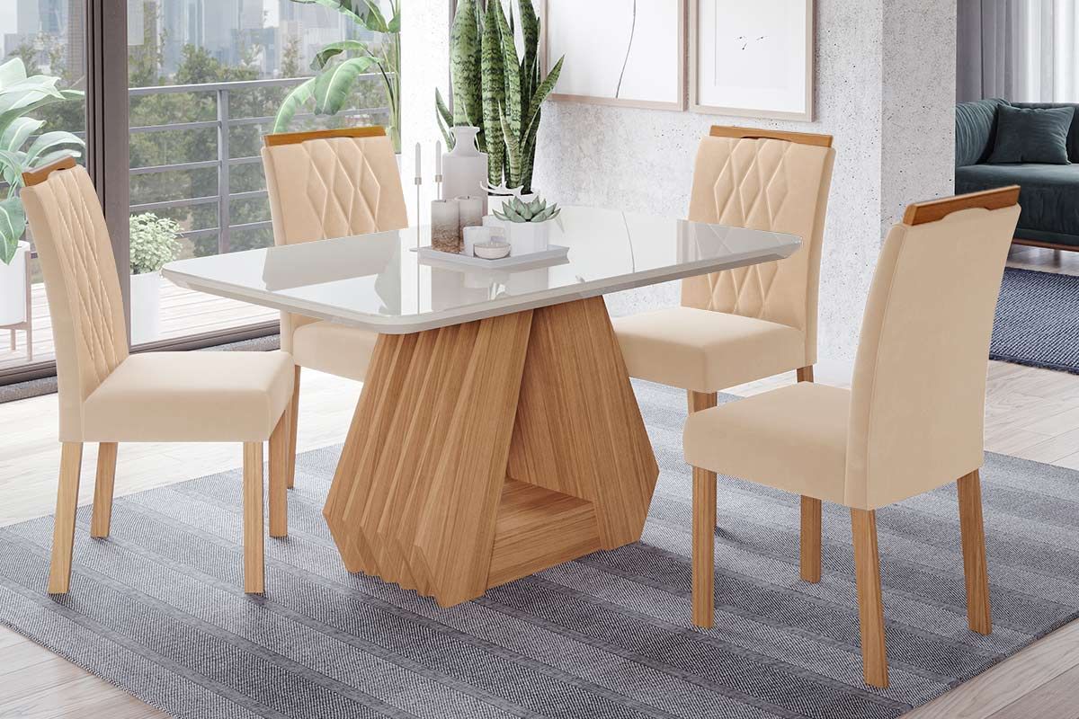 Sala Jantar Mesa Ágata Tampo Madeirado c/ Vidro 130x80cm e 4 Cadeiras Juliana - Cimol