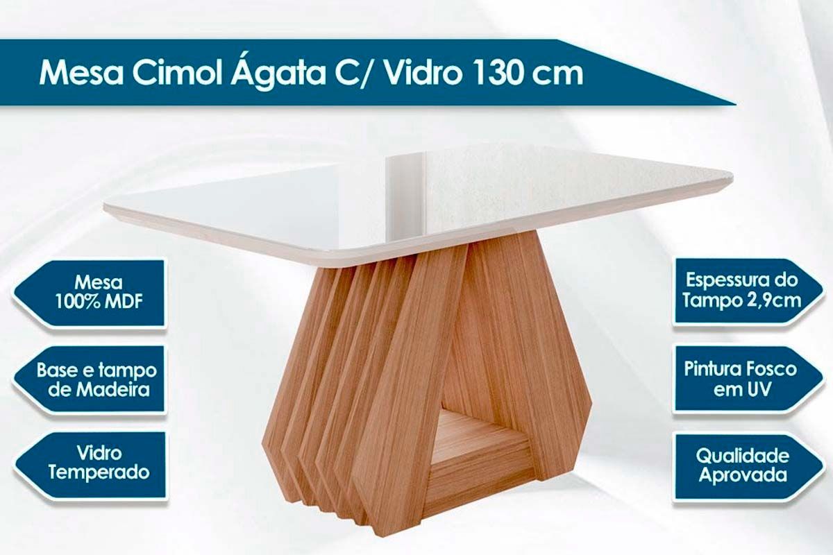 Sala Jantar Mesa Ágata Tampo Madeirado c/ Vidro 130x80cm e 4 Cadeiras Juliana - Cimol