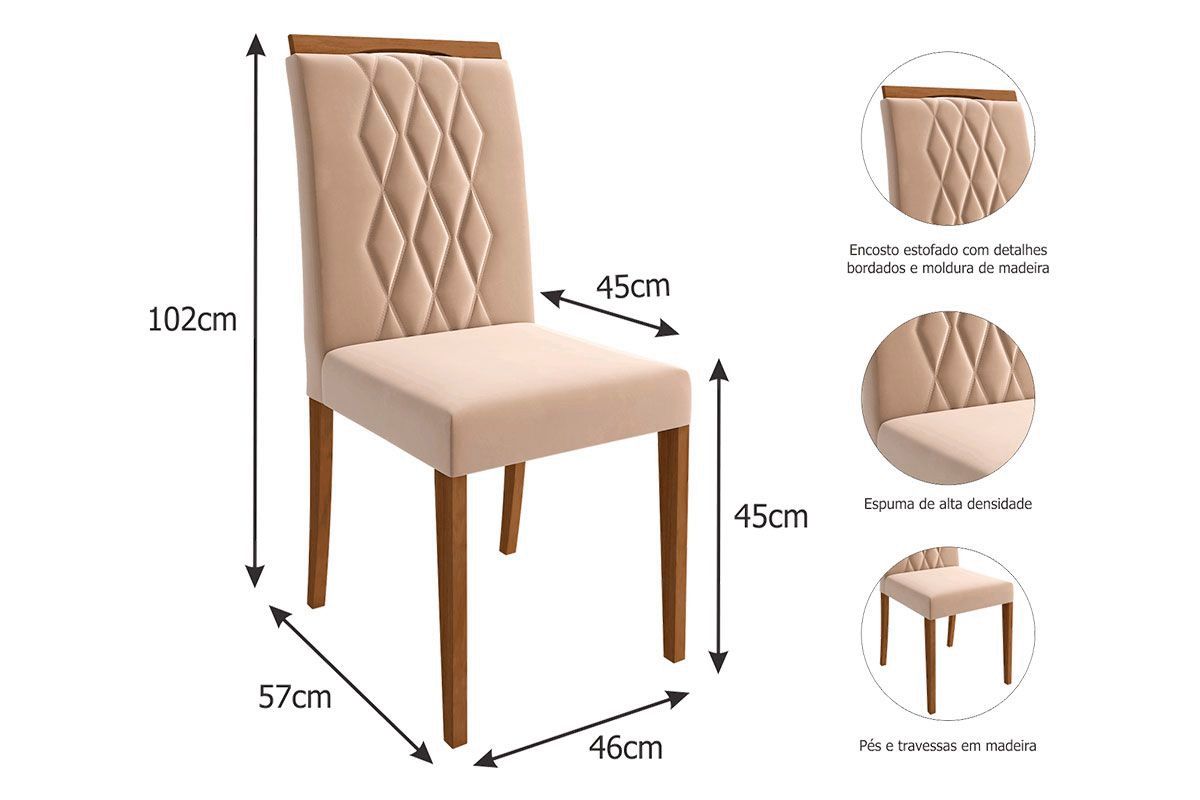 Sala Jantar Mesa Ágata Tampo Madeirado c/ Vidro 130x80cm e 4 Cadeiras Juliana - Cimol