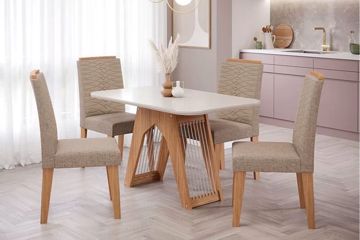 Sala Jantar Mesa Carol Tampo Madeirado c/ Vidro 130x80cm e 4 Cadeiras Clarice - Cimol