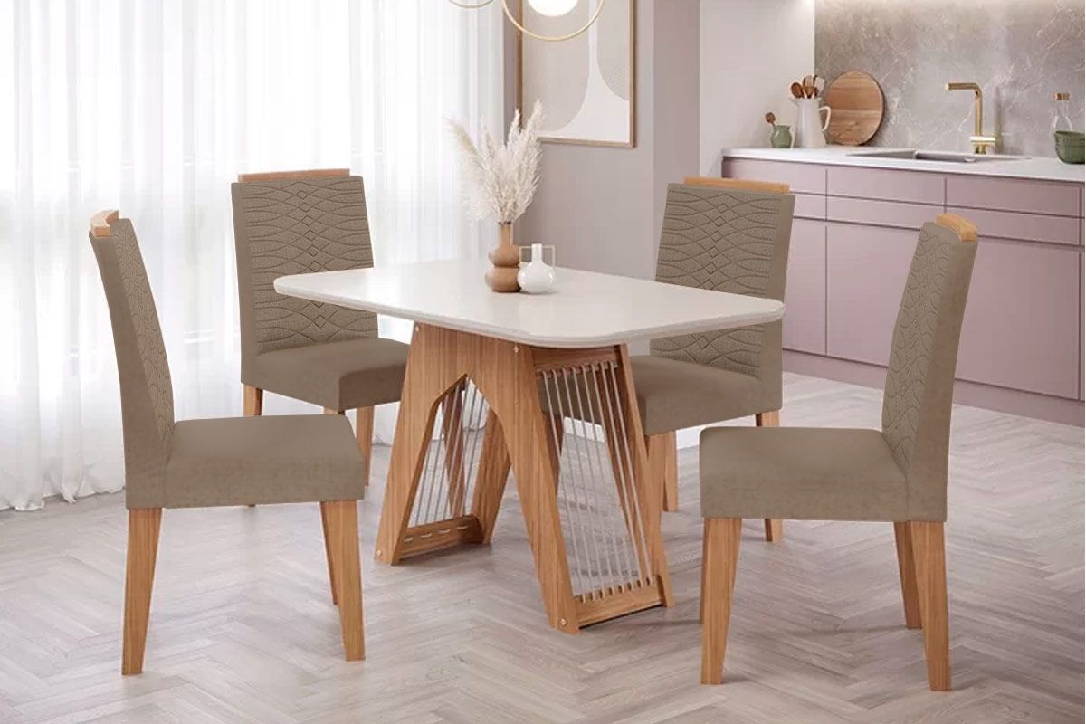 Sala Jantar Mesa Carol Tampo Madeirado c/ Vidro 130x80cm e 4 Cadeiras Clarice - Cimol
