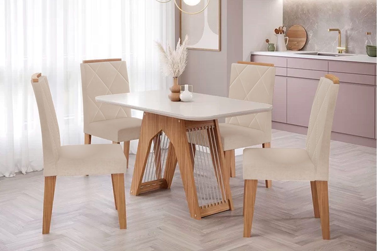 Sala Jantar Mesa Carol Tampo Madeirado c/ Vidro 130x80cm e 4 Cadeiras Fernanda - Cimol