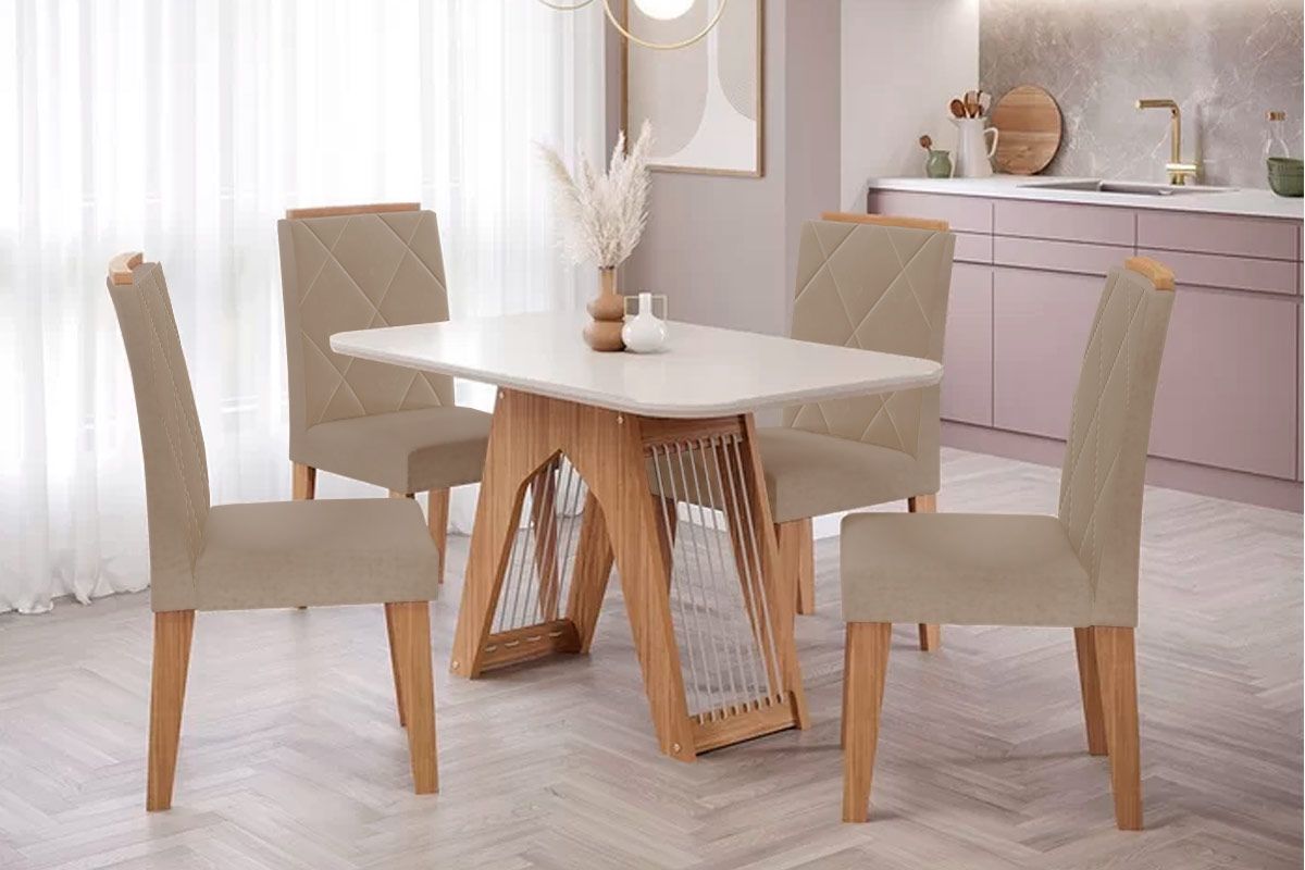 Sala Jantar Mesa Carol Tampo Madeirado c/ Vidro 130x80cm e 4 Cadeiras Fernanda - Cimol