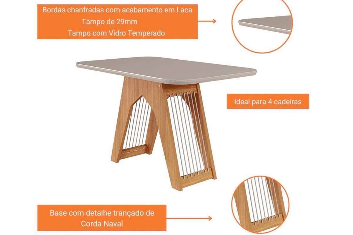 Sala Jantar Mesa Carol Tampo Madeirado c/ Vidro 130x80cm e 4 Cadeiras Fernanda - Cimol