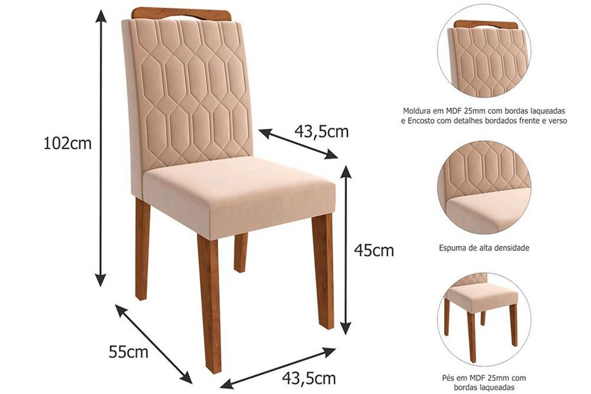 Sala Jantar Mesa Carol Tampo Madeirado c/ Vidro 130x80cm e 4 Cadeiras Paola - Cimol