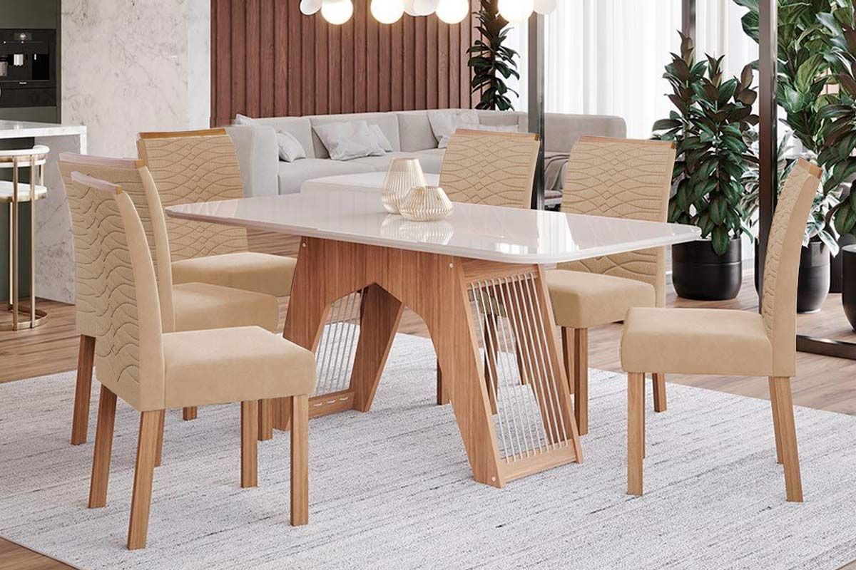 Sala Jantar Mesa Carol Tampo Madeirado c/ Vidro 180x90cm e 6 Cadeiras Clarice - Cimol