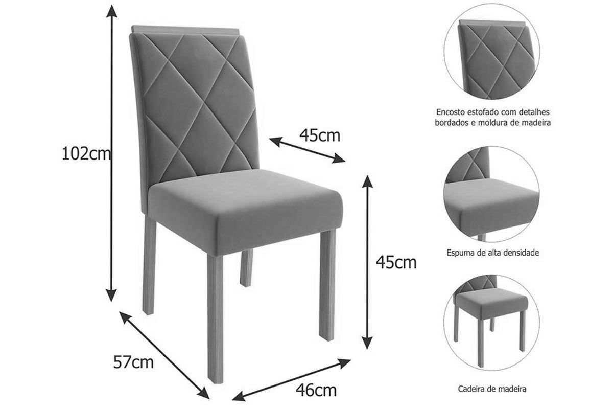 Sala Jantar Mesa Carol Tampo Madeirado c/ Vidro 180x90cm e 6 Cadeiras Fernanda - Cimol