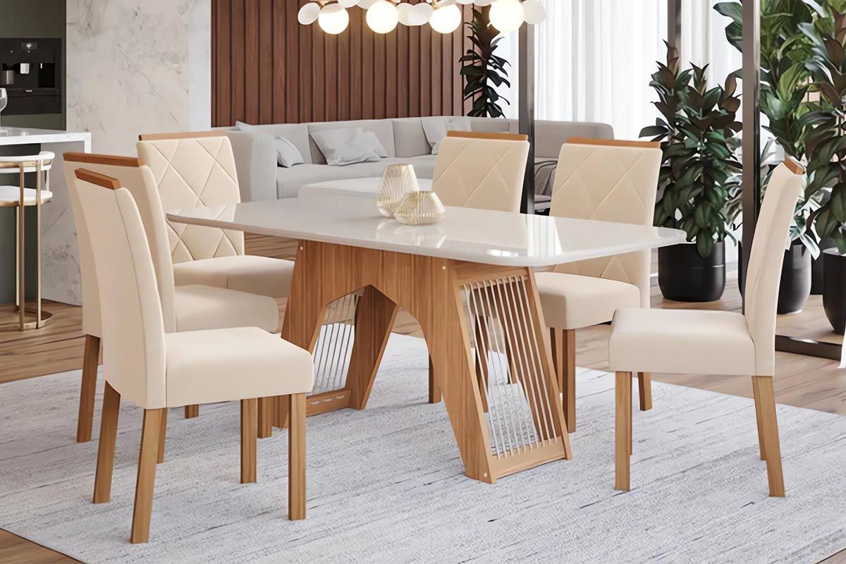Sala Jantar Mesa Carol Tampo Madeirado c/ Vidro 180x90cm e 6 Cadeiras Fernanda - Cimol