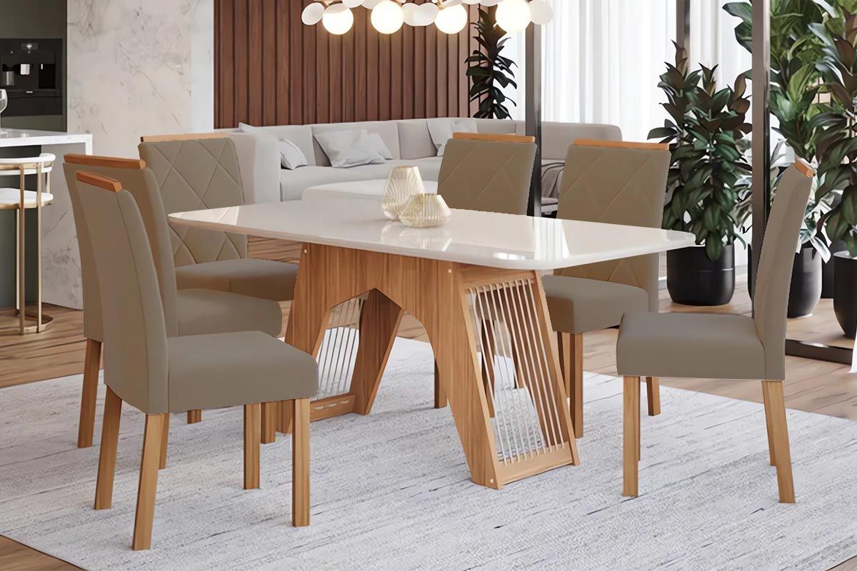 Sala Jantar Mesa Carol Tampo Madeirado c/ Vidro 180x90cm e 6 Cadeiras Fernanda - Cimol