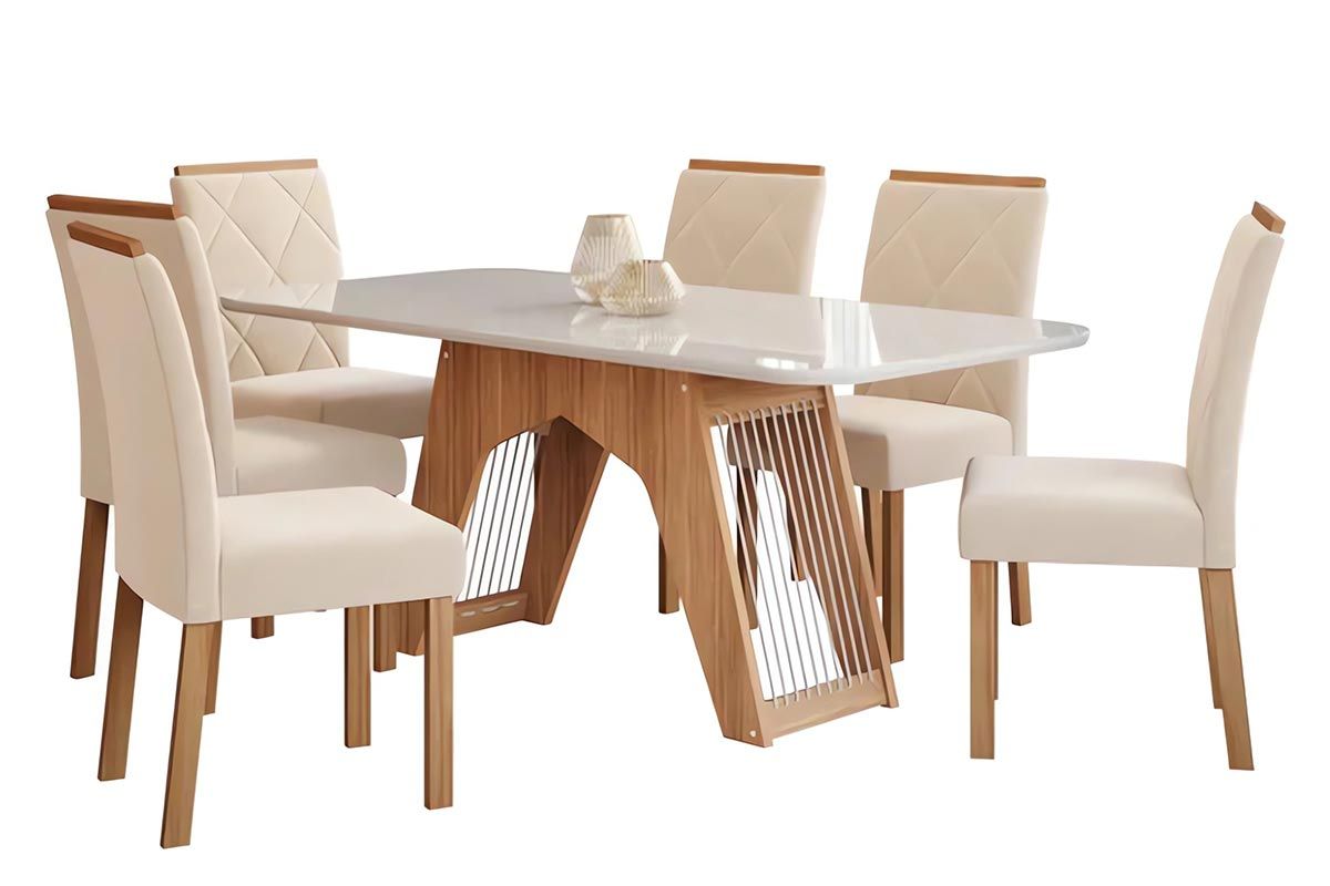 Sala Jantar Mesa Carol Tampo Madeirado c/ Vidro 180x90cm e 6 Cadeiras Fernanda - Cimol