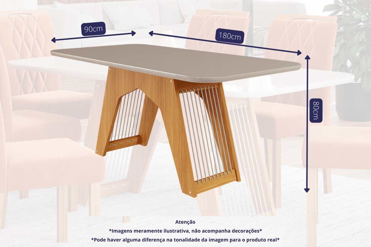 Sala Jantar Mesa Carol Tampo Madeirado c/ Vidro 180x90cm e 6 Cadeiras Fernanda - Cimol