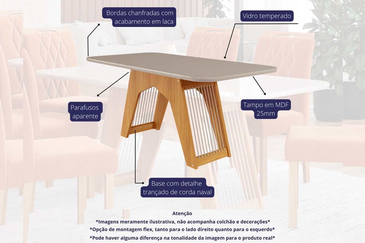 Sala Jantar Mesa Carol Tampo Madeirado c/ Vidro 180x90cm e 6 Cadeiras Fernanda - Cimol