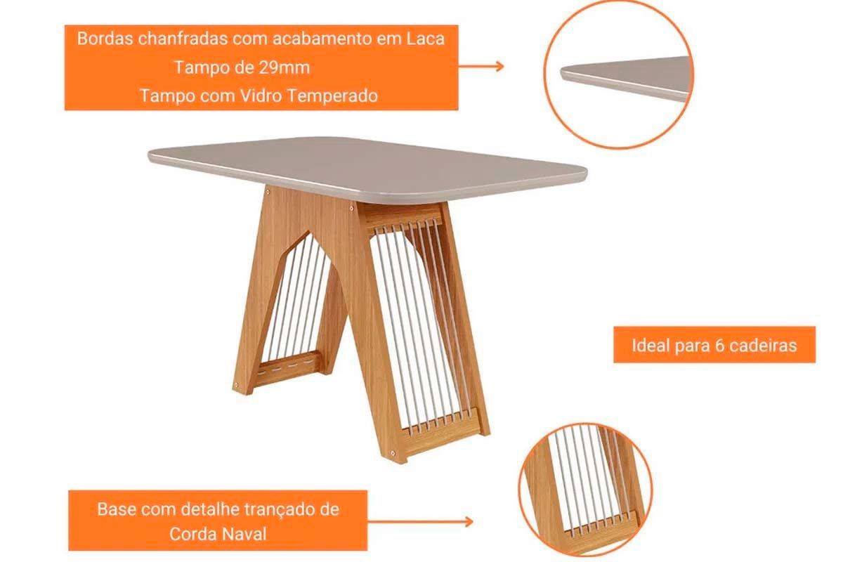 Sala Jantar Mesa Carol Tampo Madeirado c/ Vidro 180x90cm e 6 Cadeiras Paola - Cimol