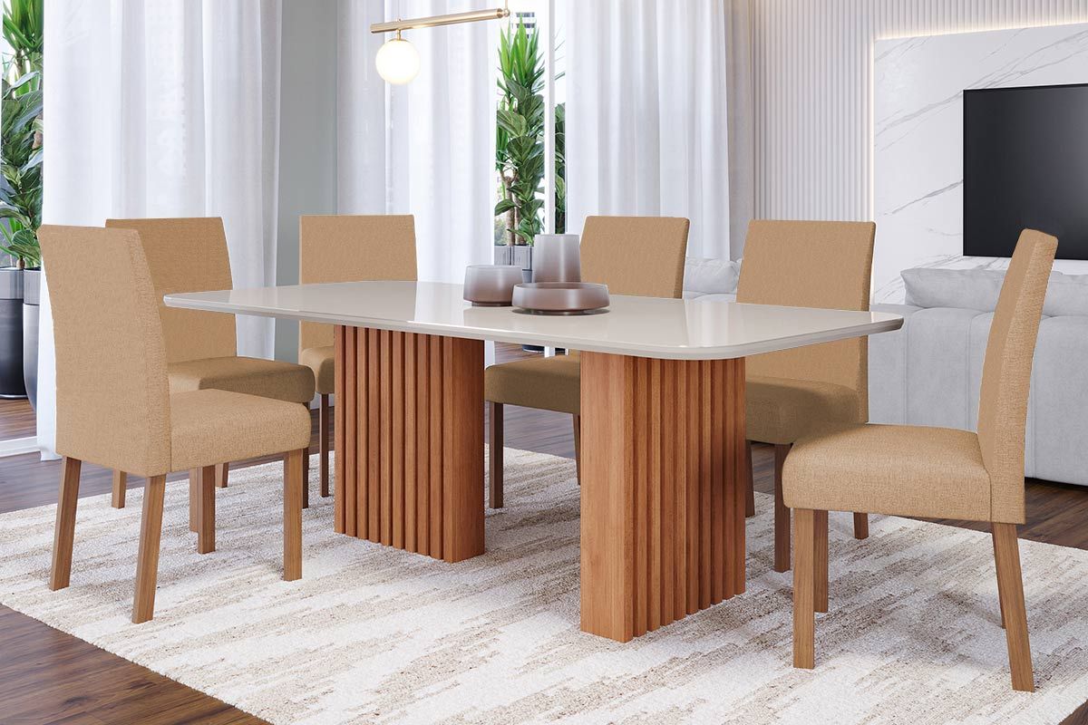 Sala Jantar Mesa Ester c/ Tampo Madeirado c/ Vidro 180x90cm e 6 Cadeiras Maia - Cimol