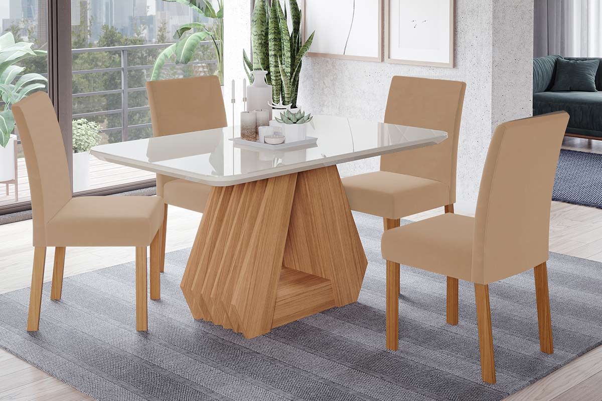 Sala Jantar Mesa Ágata c/ Tampo Madeirado c/ Vidro 130x80cm e 4 Cadeiras Maia - Cimol