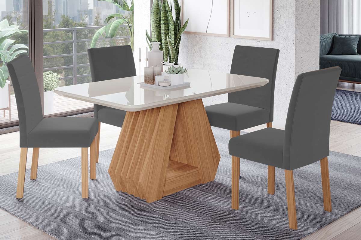 Sala Jantar Mesa Ágata c/ Tampo Madeirado c/ Vidro 130x80cm e 4 Cadeiras Maia - Cimol