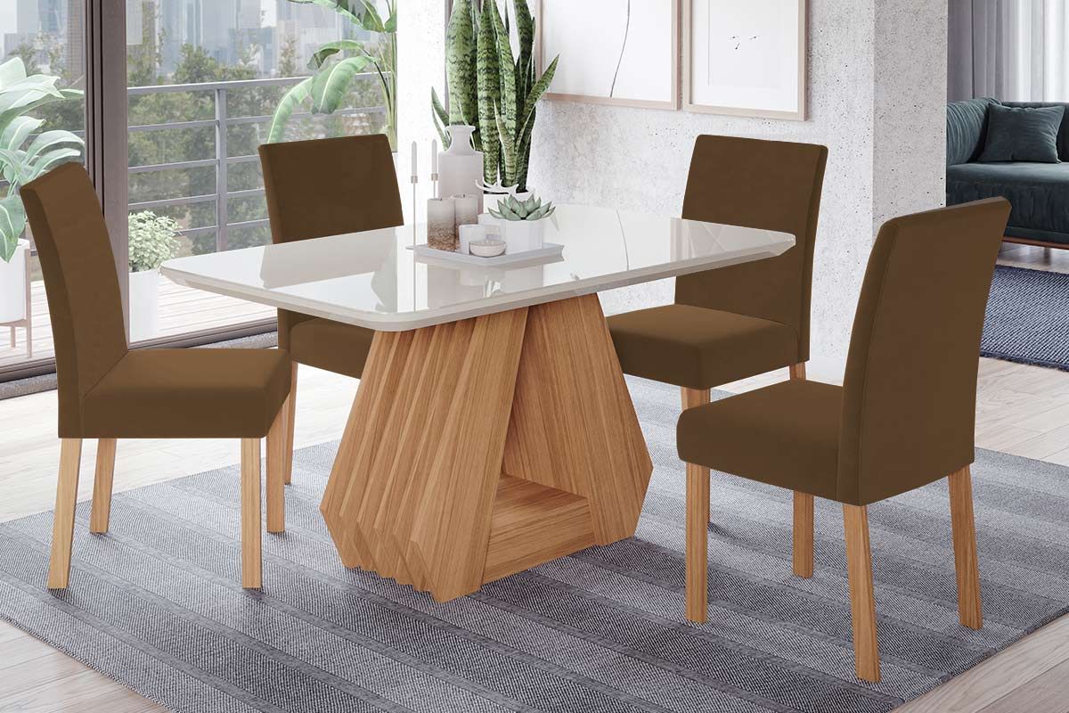 Sala Jantar Mesa Ágata c/ Tampo Madeirado c/ Vidro 130x80cm e 4 Cadeiras Maia - Cimol
