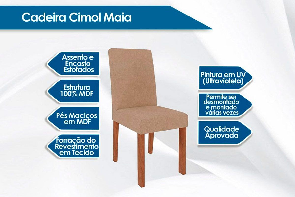 Sala Jantar Mesa Ágata c/ Tampo Madeirado c/ Vidro 130x80cm e 4 Cadeiras Maia - Cimol