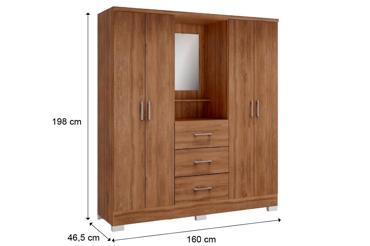 Guarda Roupa Solteiro 4 Portas e 3 Gavetas c/Espelho Roma 1181 c/Pés Carraro