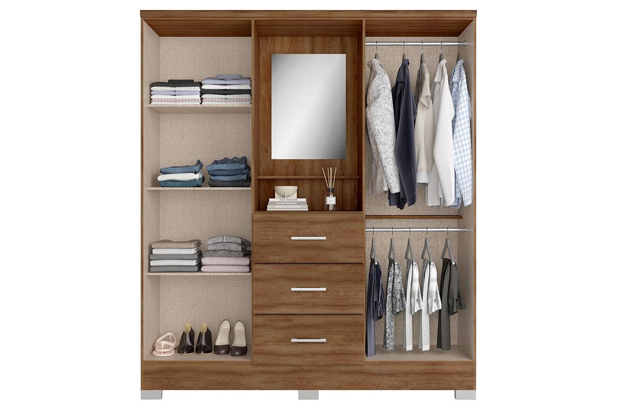 Guarda Roupa Solteiro 4 Portas e 3 Gavetas c/Espelho Roma 1181 c/Pés Carraro