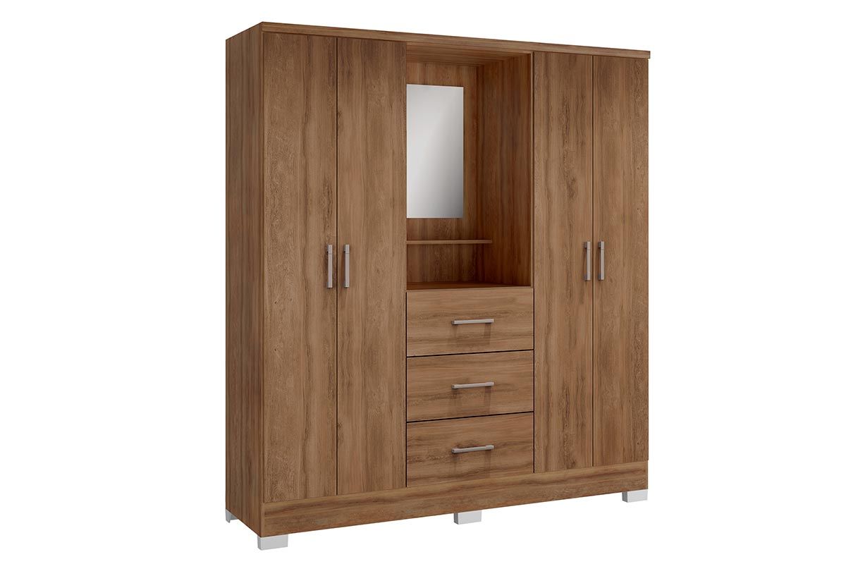 Guarda Roupa Solteiro 4 Portas e 3 Gavetas c/Espelho Roma 1181 c/Pés Carraro