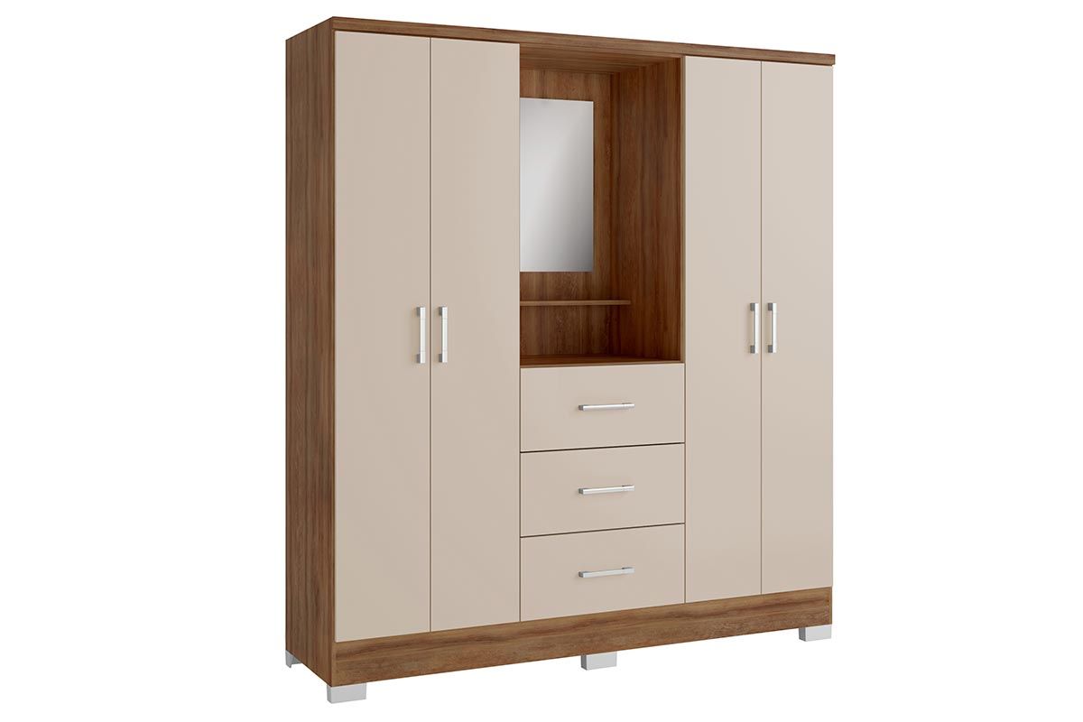 Guarda Roupa Solteiro 4 Portas e 3 Gavetas c/Espelho Roma 1181 c/Pés Carraro