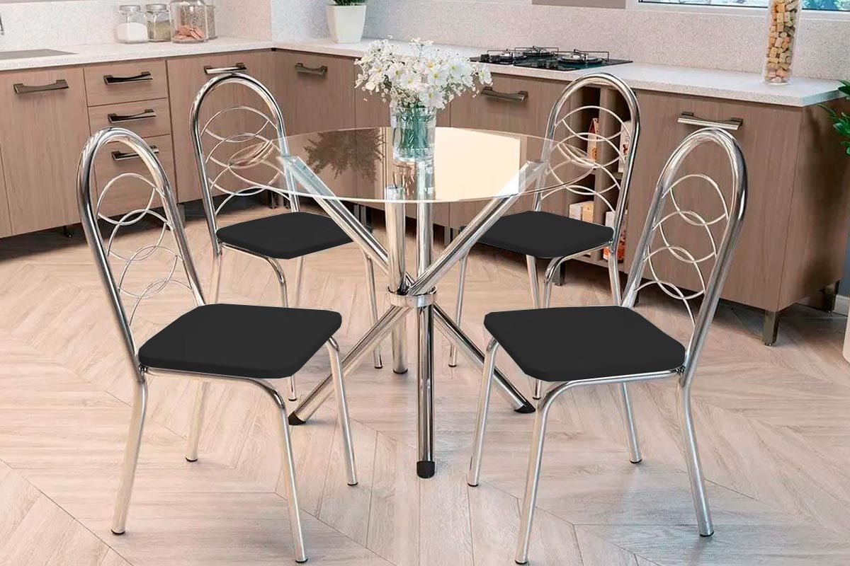 Sala Jantar Mesa Volga c/ Tampo de Vidro 95cm e 4 Cadeiras Holanda - Kappesberg