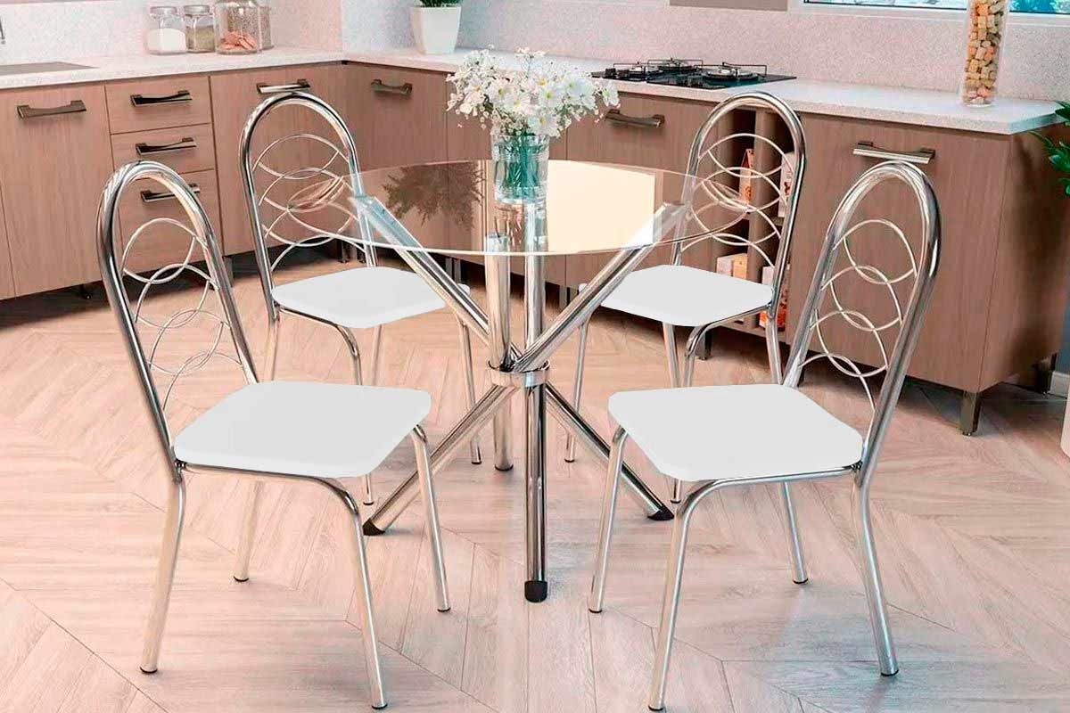 Sala Jantar Mesa Volga c/ Tampo de Vidro 95cm e 4 Cadeiras Holanda - Kappesberg