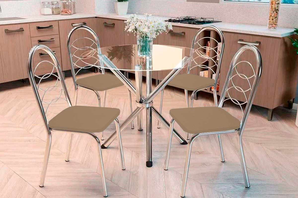 Sala Jantar Mesa Volga c/ Tampo de Vidro 95cm e 4 Cadeiras Holanda - Kappesberg