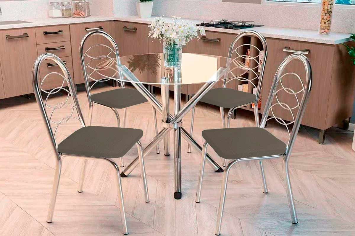 Sala Jantar Mesa Volga c/ Tampo de Vidro 95cm e 4 Cadeiras Holanda - Kappesberg