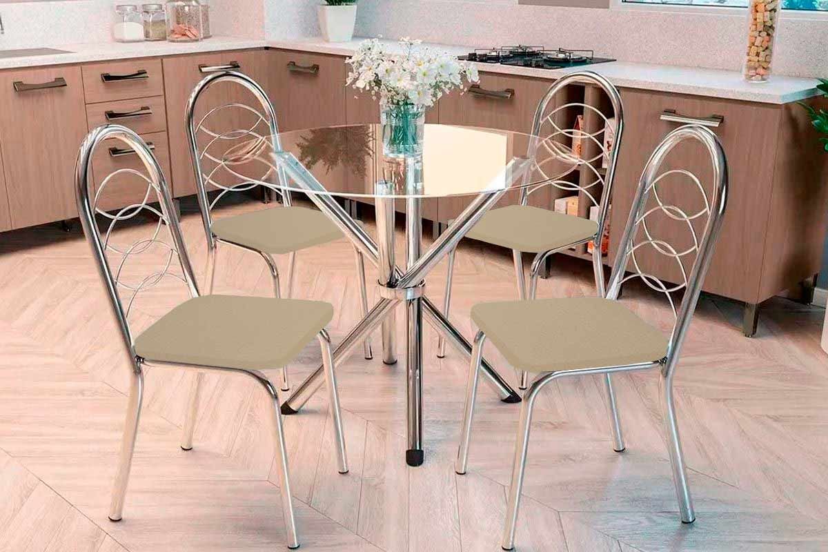 Sala Jantar Mesa Volga c/ Tampo de Vidro 95cm e 4 Cadeiras Holanda - Kappesberg