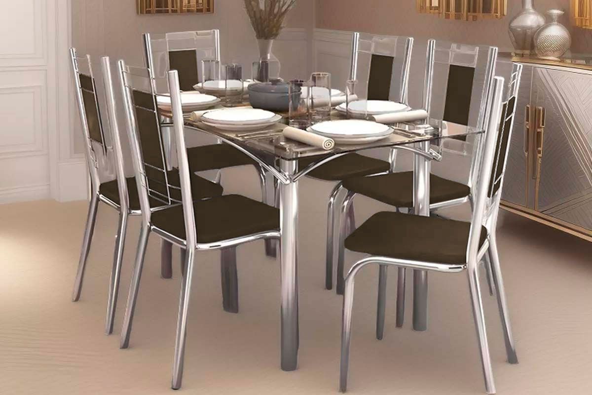 Sala Jantar Mesa Elba c/ Tampo de Vidro 80x150cm e 6 Cadeiras Florença - Kappesberg