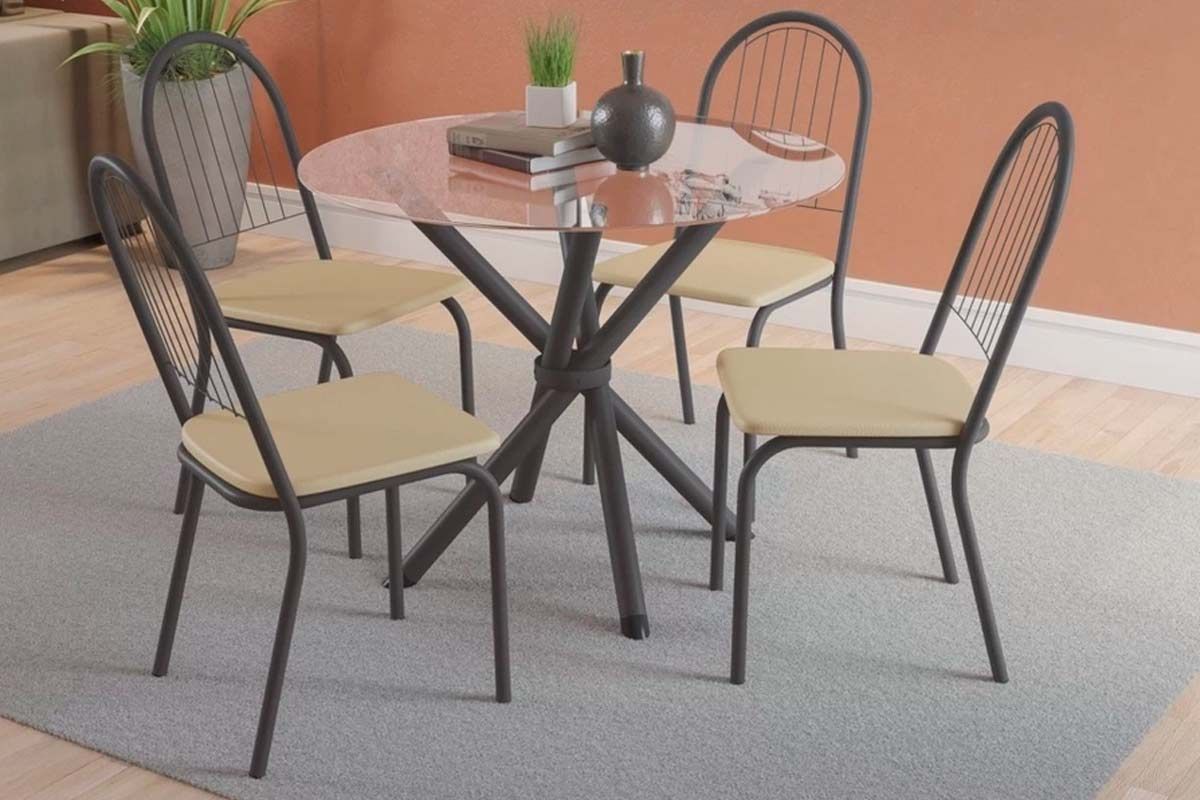 Sala Jantar Mesa Volga c/ Tampo de Vidro 95x95cm e 4 Cadeiras Noruega - Kappesberg