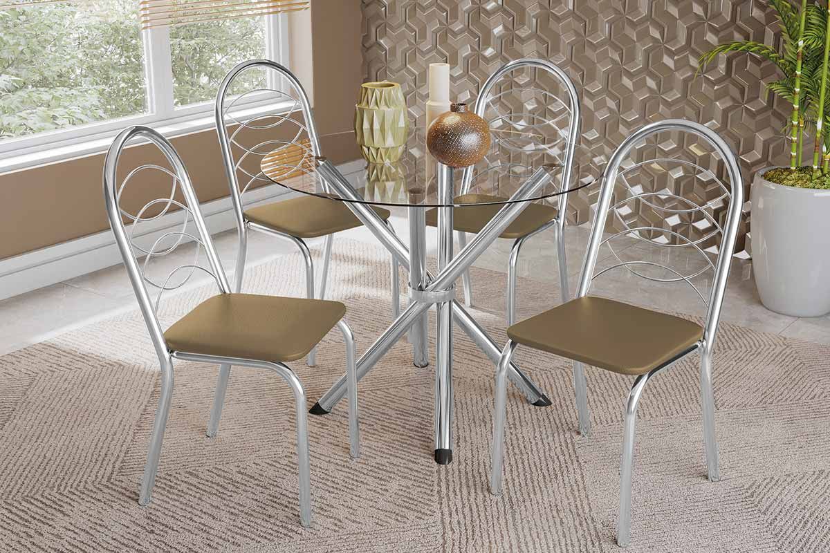 Sala Jantar Mesa Volga c/ Tampo de Vidro 95cm e 4 Cadeiras Holanda - Kappesberg