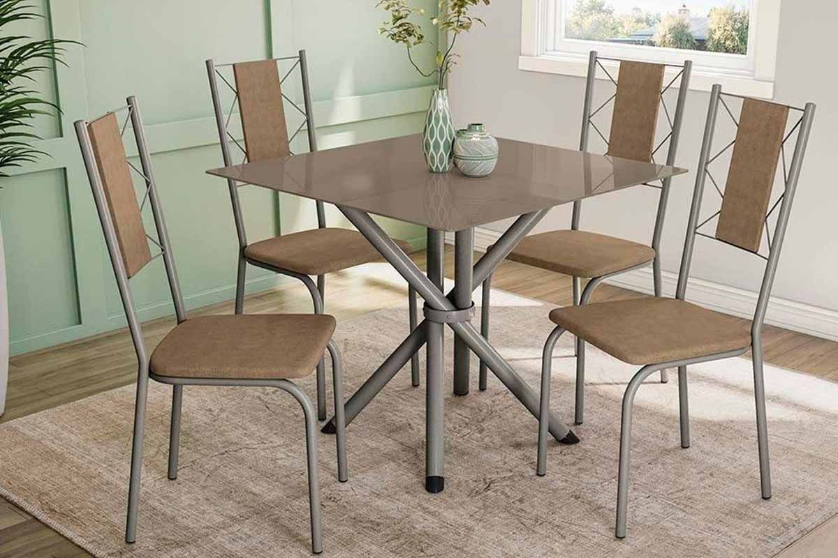 Sala de Jantar Completa Volga Tampo Madeirado c/ Vidro 95x95cm e 4 Cadeiras Lisboa - Kappesberg
