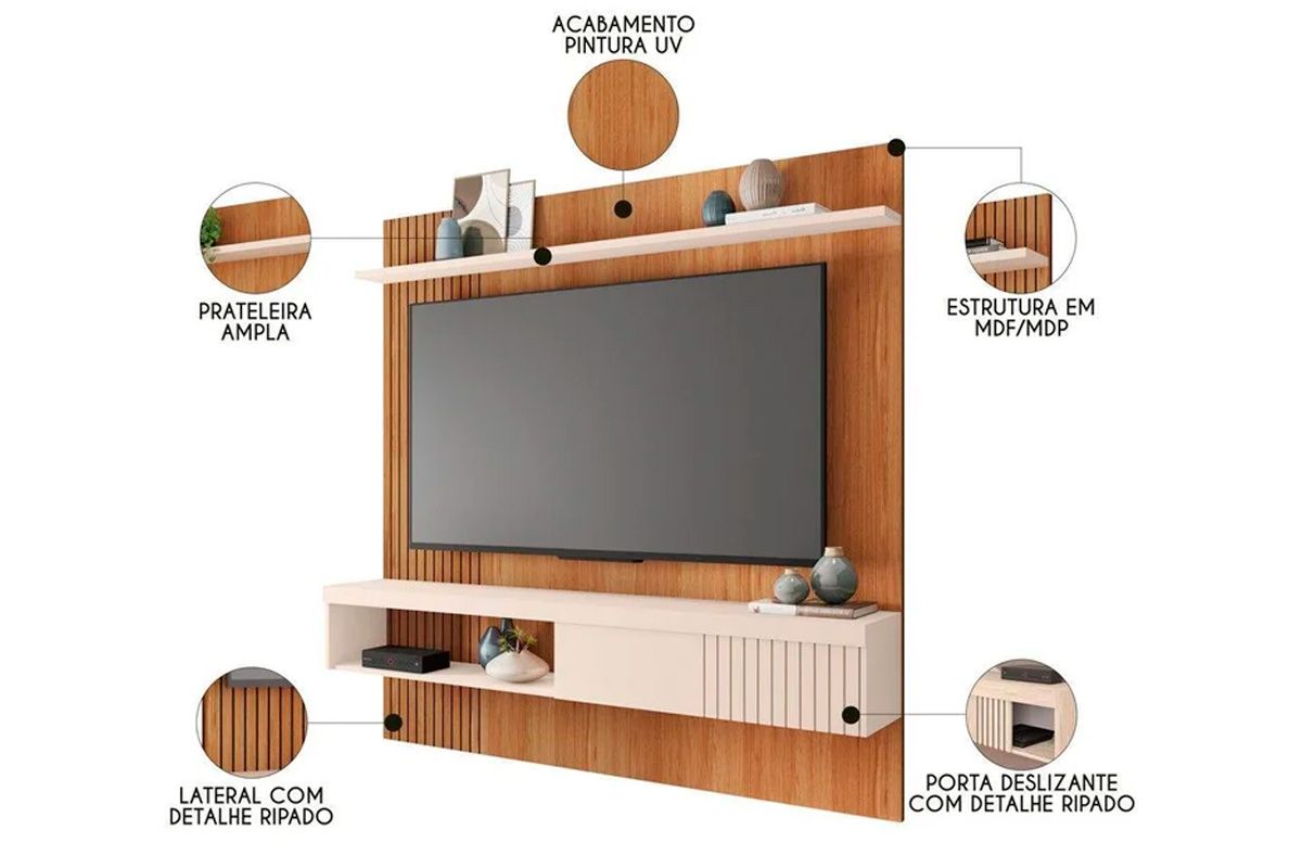 Painel Home p/ TV até 65 Pol Jade Ripada 180x183cm Caemmun