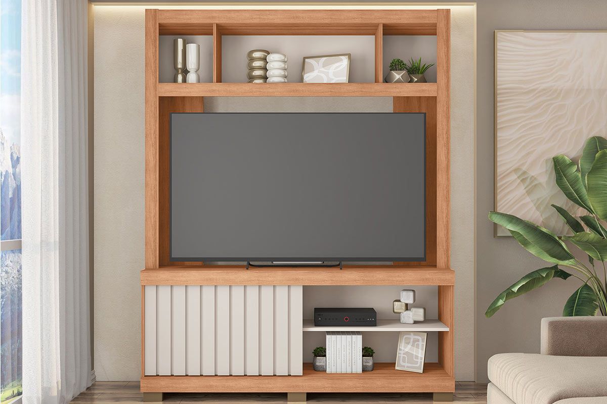 Home p/ TV até 65 Pol Cinne c/Ripado Pés 160x203cm CaemmunFreijo/Off White
