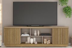 Rack Bancada p/ TV até 75 Pol Simetria c/ Nichos e Rodizios 180cm - Caemmun - Lamina Mel/Cacao