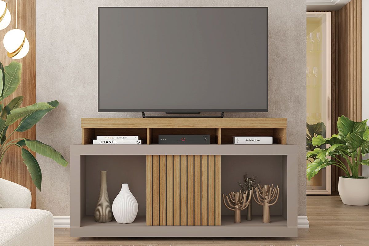 Rack Bancada p/ TV até 55 Pol Dragon c/Nicho e Rodízios 136cm CaemmunBuriti/Fendi Rack Bancada p/ TV até 55 Pol Dragon c/Nicho e Rodízios 136cm CaemmunBuriti/Fendi