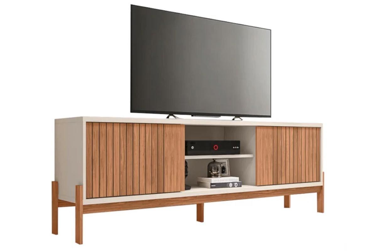 Rack Bancada p/ TV até 72 Pol Tannen c/Nichos e Pés 184cm CaemmunFreijo/Off White Rack Bancada p/ TV até 72 Pol Tannen c/Nichos e Pés 184cm CaemmunFreijo/Off White