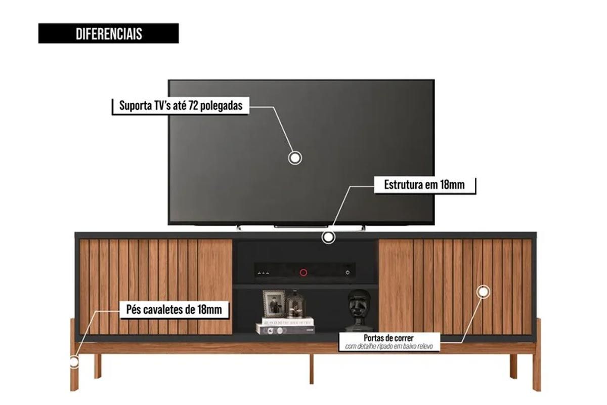 Rack Bancada p/ TV até 72 Pol Tannen c/Nichos e Pés 184cm Caemmun Rack Bancada p/ TV até 72 Pol Tannen c/Nichos e Pés 184cm Caemmun