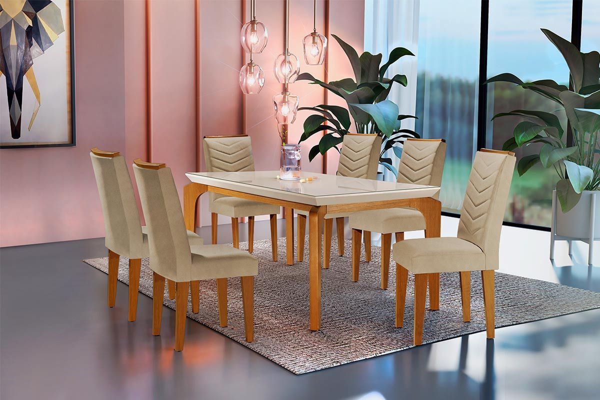 Sala Jantar Mesa Londrina Tampo Madeirado c/ Vidro Curvo 180x90cm e 6 Cadeiras Londrina - Rufato