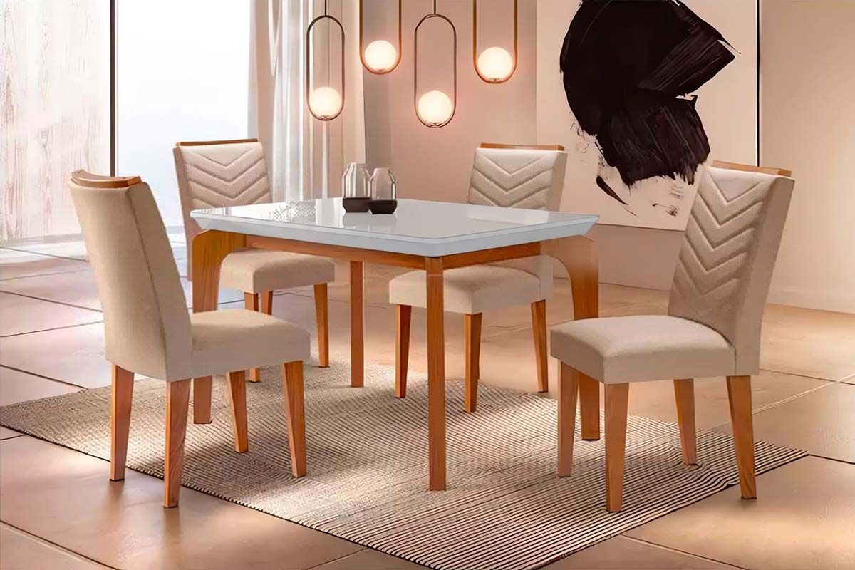 Sala Jantar Mesa Londrina Tampo Madeirado c/ Vidro Curvo 120x80cm e 4 Cadeiras Londrina - Rufato