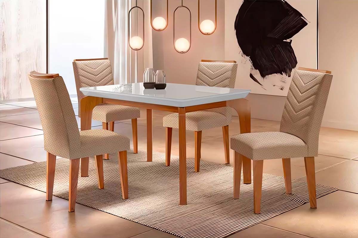 Sala Jantar Mesa Londrina Tampo Madeirado c/ Vidro Curvo 120x80cm e 4 Cadeiras Londrina - Rufato