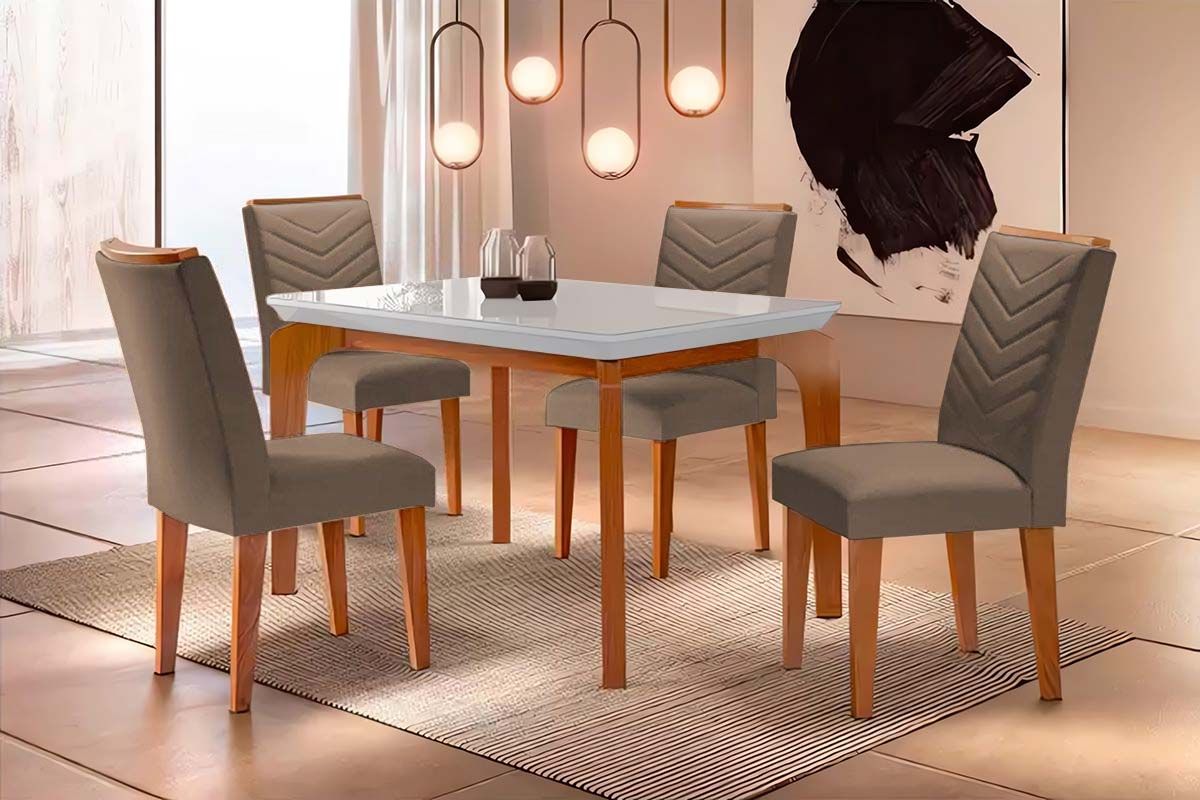 Sala Jantar Mesa Londrina Tampo Madeirado c/ Vidro Curvo 120x80cm e 4 Cadeiras Londrina - Rufato
