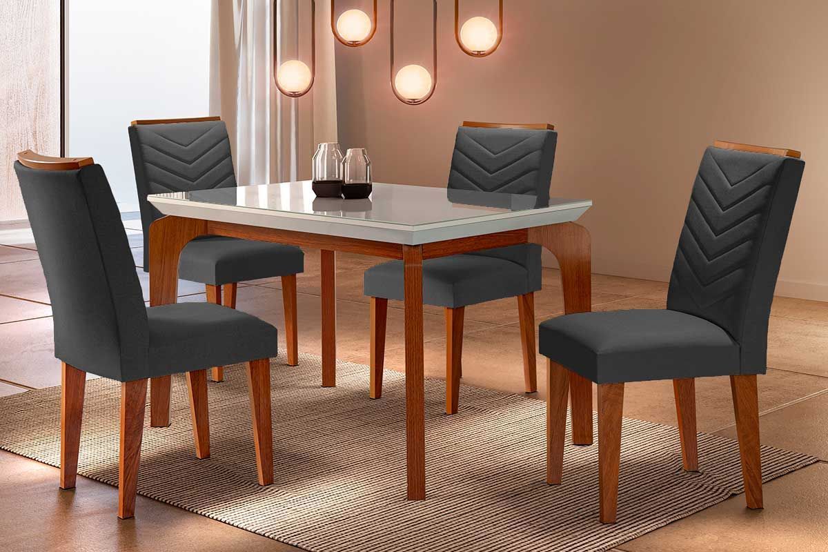 Sala Jantar Mesa Londrina Tampo Madeirado c/ Vidro Curvo 120x80cm e 4 Cadeiras Londrina - Rufato