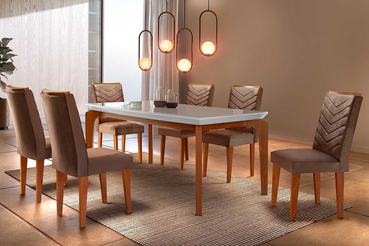 Sala Jantar Mesa Londrina Tampo MDF/Vidro Canto Curvo 180cm + 6Cadeiras Londrina - Rufato
